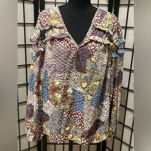 CUPIO BOHEMIAN SEMI SHEER PATCH PRINT, TEXTURED ETHNIC TOP, SIZE XL
